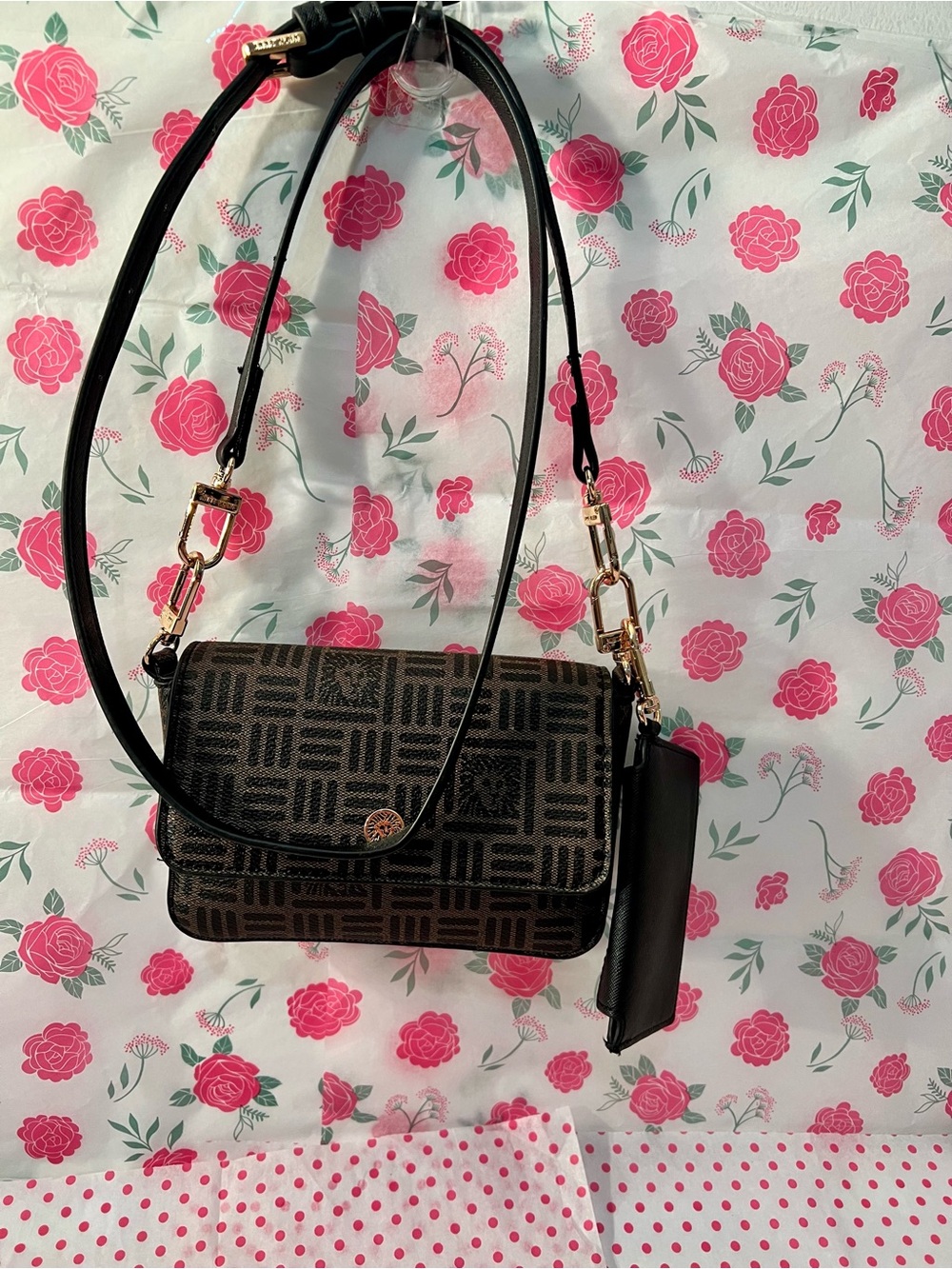 Anne Klein Black and Brown Logo Crossbody with Gold Hardware